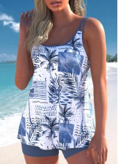 Tropical Plants Print Lightweight Dusty Blue Tankini Set