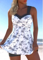 Tropical Plants Print Surplice White Swimdress and Shorts