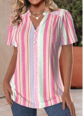 Striped Frill Pink Short Sleeve V Neck Blouse