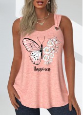 Butterfly Print Grommet Dusty Pink Sleeveless Tank Top