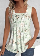 Floral Print Tuck Stitch Sage Green Sleeveless Tank Top