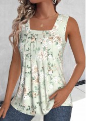 Floral Print Tuck Stitch Sage Green Sleeveless Tank Top