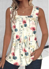 Random Floral Print Tuck Stitch Multi Color Tank Top