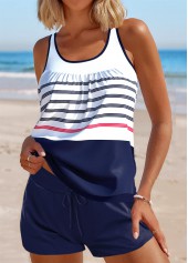 Striped Contrast Binding Navy Tankini Set