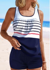 Striped Contrast Binding Navy Tankini Set