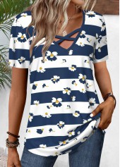 Striped Criss Cross Navy Short Sleeve T Shirt
