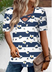 Striped Criss Cross Navy Short Sleeve T Shirt