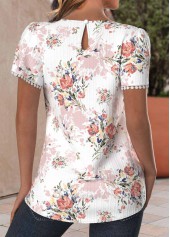 Floral Print Textured Fabric Light Pink Short Sleeve Blouse