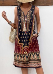 Tribal Print Button Multi Color A Line Sleeveless Dress