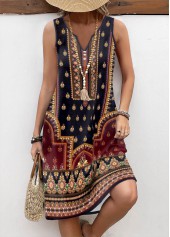 Tribal Print Button Multi Color A Line Sleeveless Dress