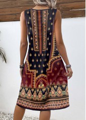 Tribal Print Button Multi Color A Line Sleeveless Dress