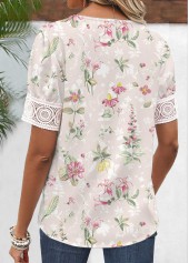 Floral Print Patchwork Light Pink Short Sleeve Blouse