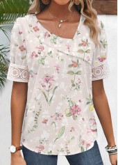 Floral Print Patchwork Light Pink Short Sleeve Blouse