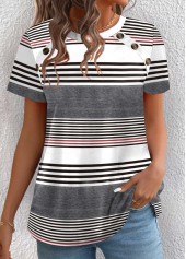 Striped Button Multi Color Short Sleeve T Shirt