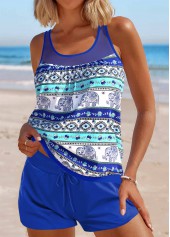 Tribal Print Mesh Purplish Blue Tankini Set