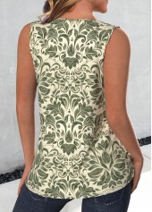 Tribal Print Embroidery Sage Green Sleeveless Tank Top
