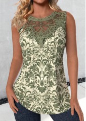 Tribal Print Embroidery Sage Green Sleeveless Tank Top