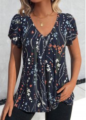Floral Print Navy Short Sleeve V Neck T Shirt