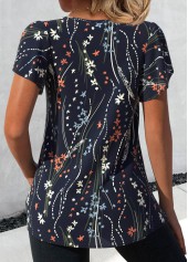 Floral Print Navy Short Sleeve V Neck T Shirt