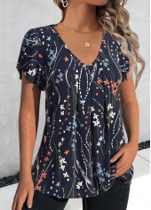 Floral Print Navy Short Sleeve V Neck T Shirt