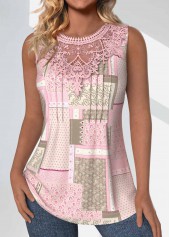 Patchwork Tuck Stitch Light Pink Sleeveless Tank Top