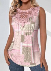 Patchwork Tuck Stitch Light Pink Sleeveless Tank Top