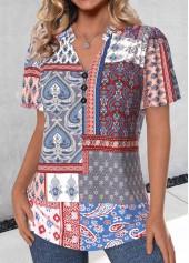 Patchwork Button Multi Color Short Sleeve V Neck Blouse