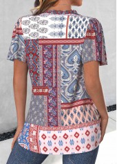 Patchwork Button Multi Color Short Sleeve V Neck Blouse