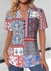 Patchwork Button Multi Color Short Sleeve V Neck Blouse