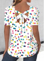 Polka Dot Bowknot White Short Sleeve Round Neck Blouse