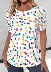 Polka Dot Bowknot White Short Sleeve Round Neck Blouse
