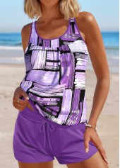 Geometric Print Tie Purple Tankini Set