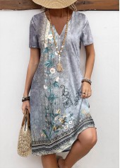 Floral Print Button Grey A Line Short Sleeve Dress
