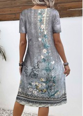 Floral Print Button Grey A Line Short Sleeve Dress