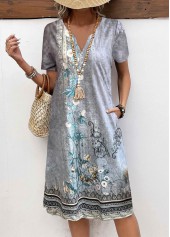 Floral Print Button Grey A Line Short Sleeve Dress