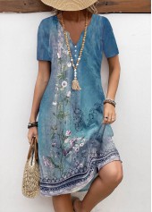 Floral Print Button Blue A Line Short Sleeve Dress