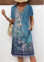 Floral Print Button Blue A Line Short Sleeve Dress
