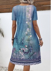 Floral Print Button Blue A Line Short Sleeve Dress