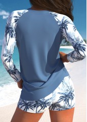 Tropical Plants Print Patchwork Dusty Blue Tankini Set