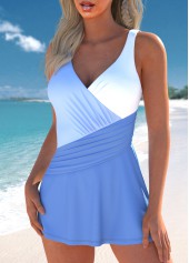 Patchwork Ruched Dusty Blue One Piece Swimdress