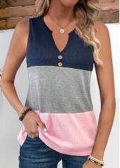 Button Pink Sleeveless Split Neck Tank Top