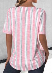Light Pink Plus Size Button Striped Short Sleeve Blouse