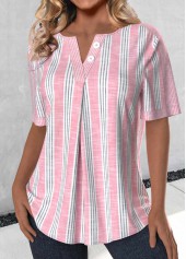 Light Pink Plus Size Button Striped Short Sleeve Blouse