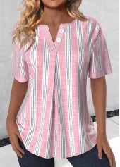 Light Pink Plus Size Button Striped Short Sleeve Blouse