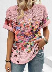 Dazzle Colorful Print Patchwork Pink Short Sleeve T Shirt