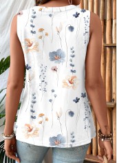 Floral Print Ruched White Sleeveless Square Neck Tank Top