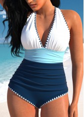 Tie Patchwork Navy One Piece Swimwear