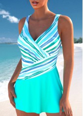Multi Stripe Print Patchwork Mint Green One Piece Swimdress