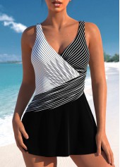 Striped Surplice Black One Piece Swimdress