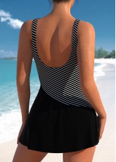 Striped Surplice Black One Piece Swimdress